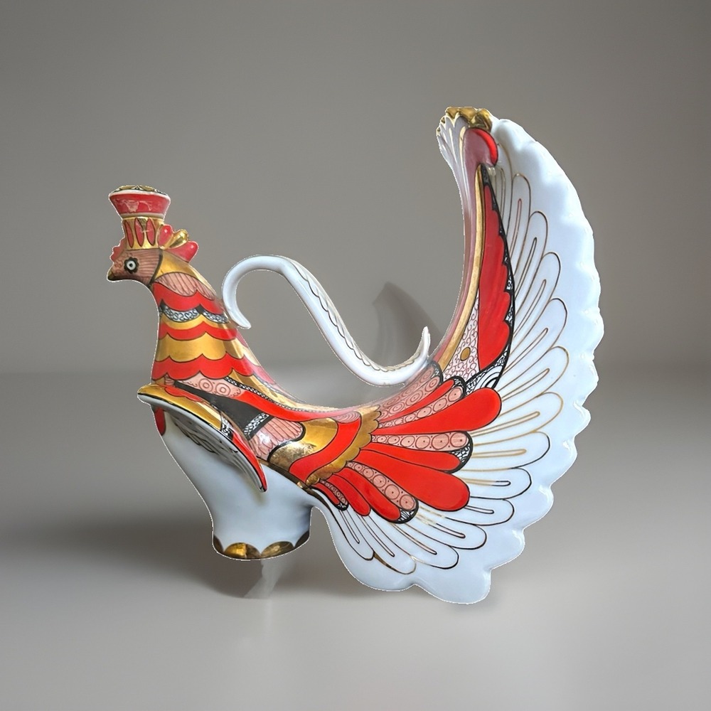 Vintage Russian Royal Lomonosov Porcelain Red Gold Firebird Wine Decanter USSR